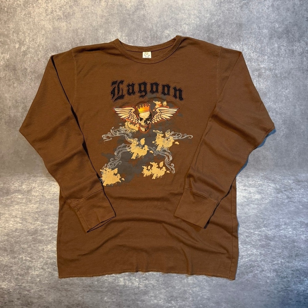 Y2K Lagoon Skull Graphic Waffle Knit Thermal Shirt‎ Mens XL Brown Skater Punk